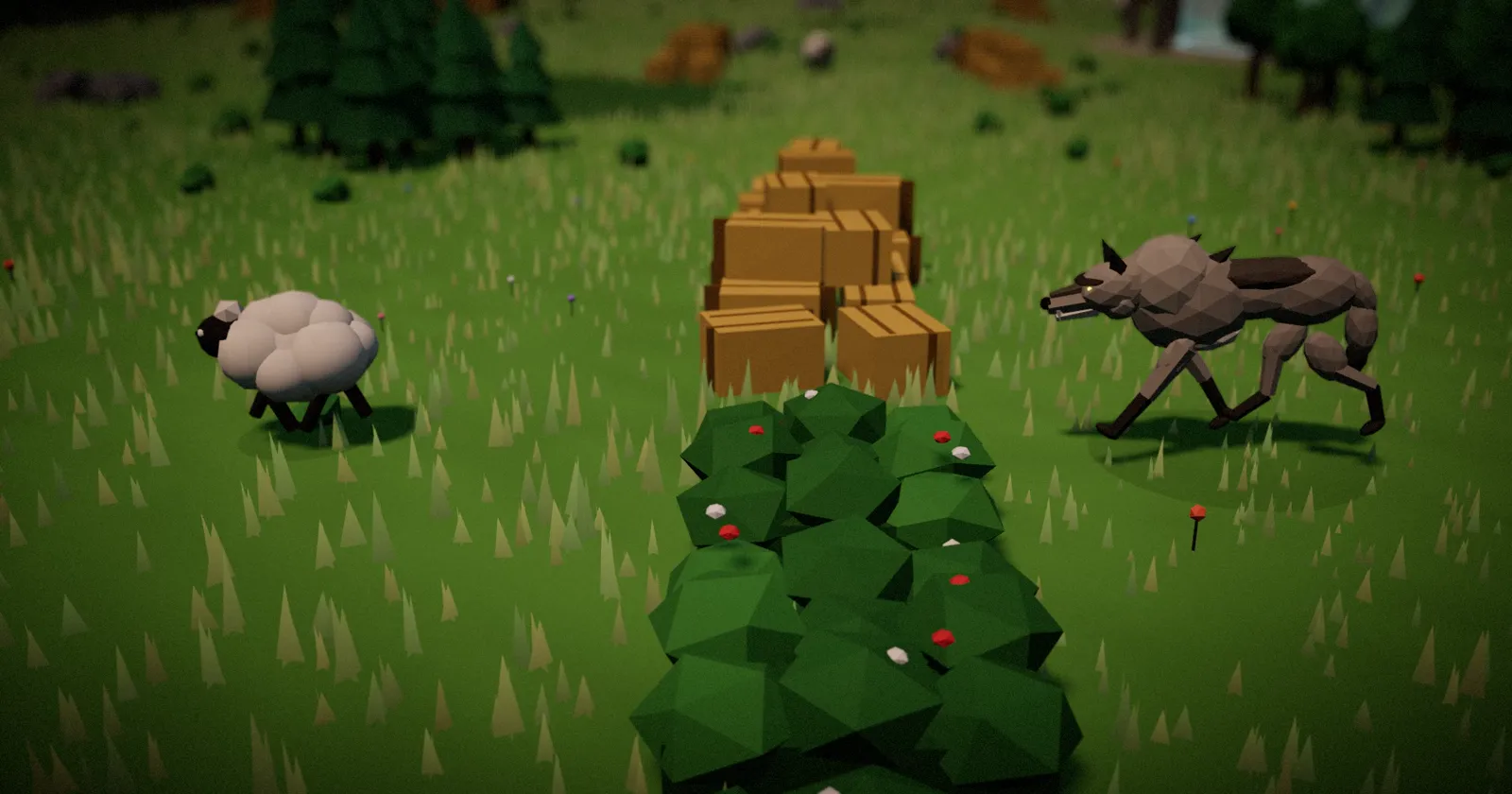 A sheep slips past a one-tile gap between a hay wall and a hedgerow while a wolf closes in