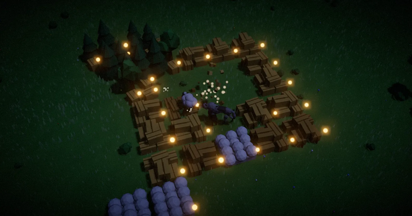A fort of hay walls at night, every farm lit by a lantern