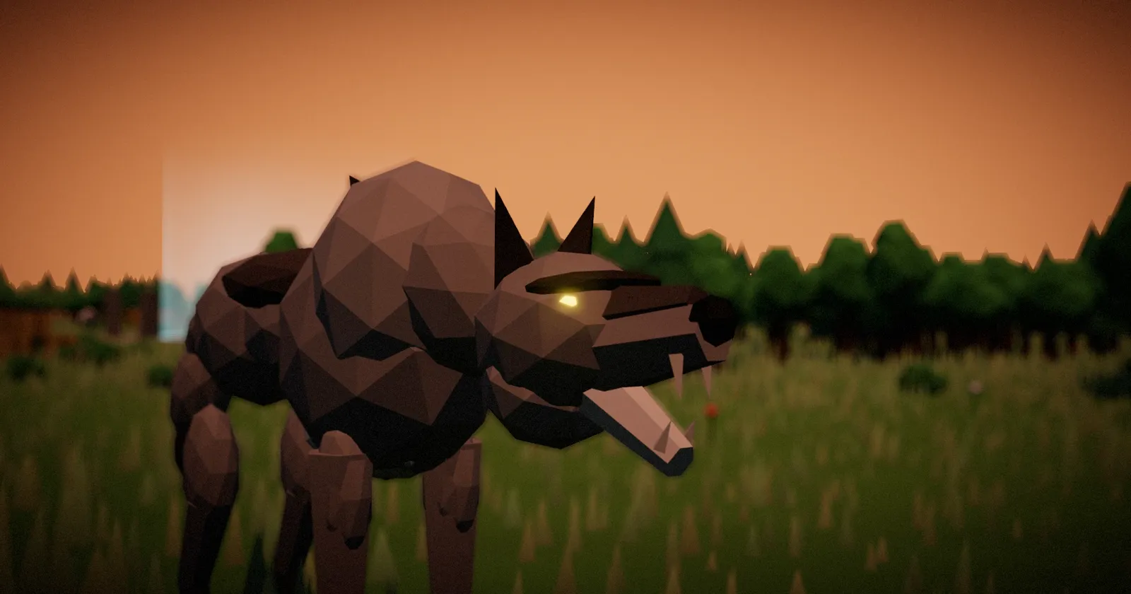 A low-poly wolf snarls at the camera, eyes glowing, at dusk